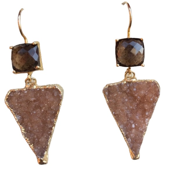 Smokey Quartz and Druzy gold plated wire back Earrings - Picture 2 of 11